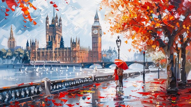 couple in Paris city under a red umbrella oil painting 