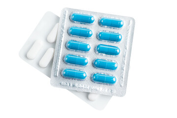 Various medicine capsules, pills and tablets in a blister pack isolated on transparent background,...
