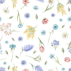 Seamless pattern with vintage various colorful flowers set isolated on white background. Watercolor hand drawn illustration sketch © Mimomy