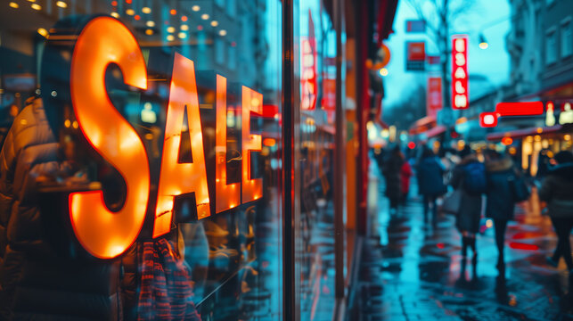 Illustrate the concept of a sale with an image of a Sale sign displayed in a shop window, with bustling activity and people in the street as a backdrop, symbolizing consumerism and commerce.