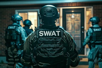 Swat team officers standing in front of a house door