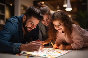 Fototapeta premium A family having fun with a game of Pictionary, sketching clues and guessing the drawings to score points