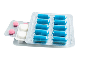 Various medicine capsules, pills and tablets in a blister pack isolated on transparent background, healthcare and medicine concept