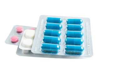 Various medicine capsules, pills and tablets in a blister pack isolated on transparent background, healthcare and medicine concept