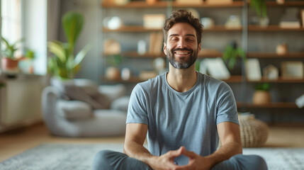 tranquility of relaxation exercises at home with a portrait of a happy man practicing relaxation exercises in his spacious and bright flat, promoting mental well-being and mindfulness.