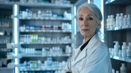 Portrait of mature female pharmacist standing in in modern pharmacy