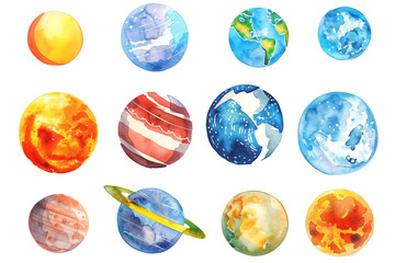 Set of different watercolor painted planet illustration on white background