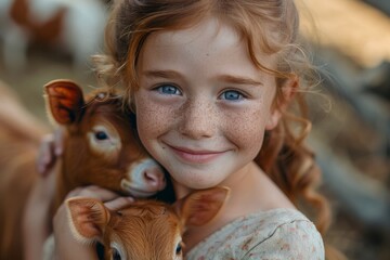 A smiling young girl with freckles hugs two brown calves close in a farm setting