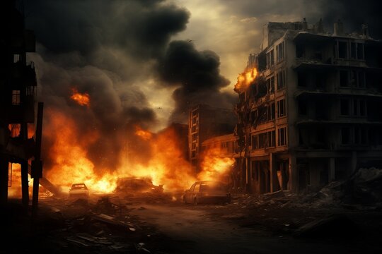 War torn city buildings burning from missile attack