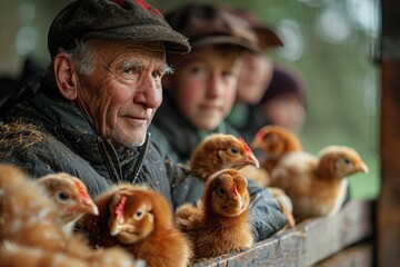An older man with a cap and his grandchildren look at chicks in a box on a farm