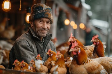 An older man in winter hat stands among chickens in a wintery outdoor market - obrazy, fototapety, plakaty
