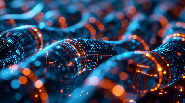 technological prowess of data transfer with a photograph of glowing data cables conveying information against a dark background. Abstract background