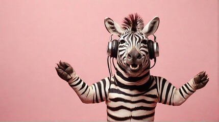 Fototapeta premium Zebra in headphones listens to music and dances on a pink background, portrait of a dancing zebra