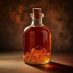 A bottle with amber-colored hot oil treatment and crystals, ideal for luxury spa branding or holistic therapy advertisements.