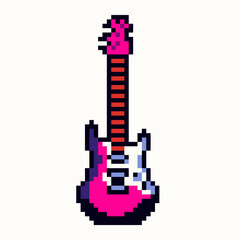 Fototapeta premium Electric guitar icon in pixel art style. Multicolored guitar icon in 8-bit style. Collection of groups of pixel graphic symbols. For game interface, mobile application element, network.