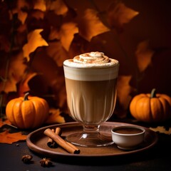 A pumpkin spice latte with cinnamon on a dark autumnal background with orange leaves and pumpkins, conveying a cozy fall atmosphere.
