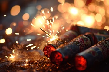 captivating close-up of firecrackers with sparkling lights, ideal for festive decoration and celebration-themed articles or marketing. - obrazy, fototapety, plakaty