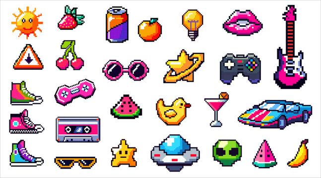Game icon set, vector mobile app element. Pixel art objects isolated on white background. Game artefact icon in 8 bit style. Pixel graphic symbols group collection. Fruits, star, guitar, car, drink.