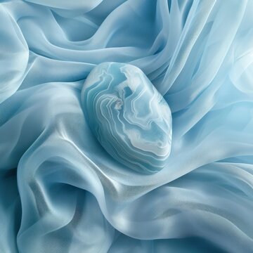 delicate pale blue larimar stone nestled gently in folds of soft, satiny fabric, creating an impression of serenity and natural beauty, ideal for calming visual content in wellness media or in design 