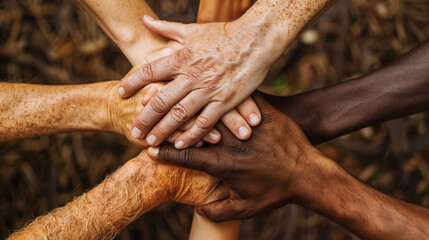 Capture the essence of solidarity with a close-up image of diverse hands clasped together in unity, symbolizing teamwork, collaboration, and strength. - obrazy, fototapety, plakaty