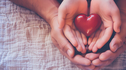 Fototapeta premium hands holding red heart, health insurance, Hands of woman and child with red heart on white background