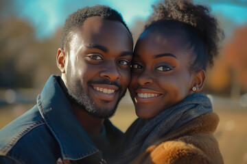 Bonded in Happiness: Black Man and Woman Sharing Loving Smiles - obrazy, fototapety, plakaty