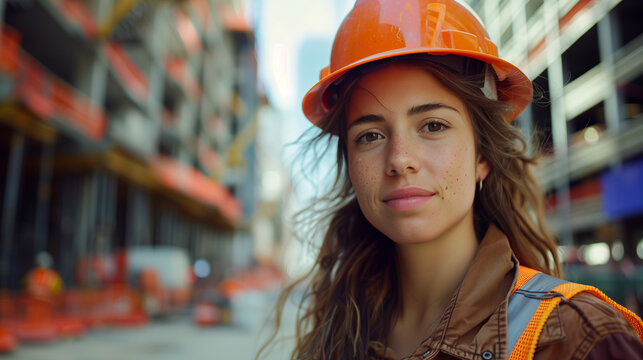 A portrait of a young construction worker woman wearing a safety helmet against a backdrop of city buildings under construction. The image exudes determination and progress.