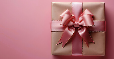 Gift box in craft wrapping paper and light pink satin ribbon on pink background.