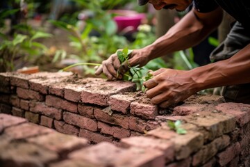 Fototapeta premium Experienced male builder carefully constructing sturdy red brick wall using trowel and brick