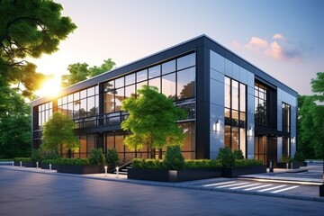 Contemporary office complex exterior architecture for business marketing and real estate promotion