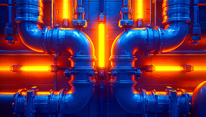 Industrial piping system with a focus on steel tubes and valves, illustrating the backbone of energy and manufacturing sectors - obrazy, fototapety, plakaty