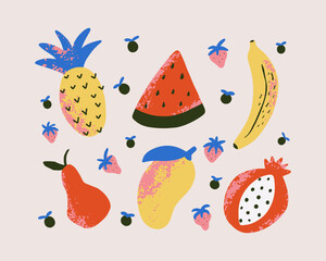 Bundle with doodle textured fruits. Flat tropic set with banana, mango, pineapple, pear, watermelon, pomegranate. Vector illustration.