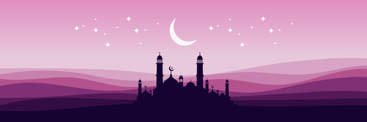 islamic religion arabian moon night sky vector illustration with mosque silhouette ramadan good for web banner, ads banner, booklet, wallpaper, background template, and advertising