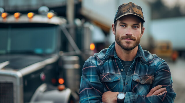 young male truck driver standing confidently in front of his truck, arms crossed and wearing a hat, symbolizing the resilience of the transportation industry.