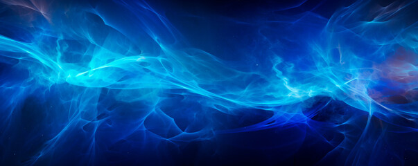 A blue abstract background with swirling patterns against a solid black background, creating a stark contrast between the two colors. Energy and Dynamics. Blue and blue particles. Banner. Copy space