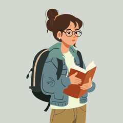 Young college or university student with backpack and book in hand. studying or preparing for exams, analysing study materials. Poster of female student education, study, back to school. 