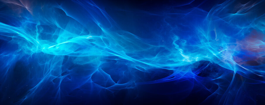 A blue abstract background with swirling patterns against a solid black background, creating a stark contrast between the two colors. Energy and Dynamics. Blue and blue particles. Banner. Copy space