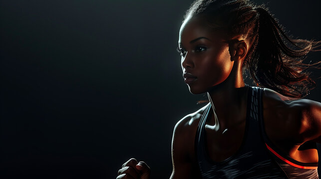 Evoke the spirit of athleticism and motivation with a powerful image of a strong, athletic woman sprinter in sportswear, running against a black background.