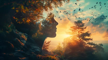 Fototapete Depict the concept of inner peace and mental tranquility by creating an image of a human head outline filled with a serene landscape background, offering a sense of calm and introspection. © P