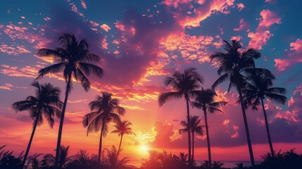 Fototapeta na wymiar Vibrant Sunset With Palm Trees and Ocean