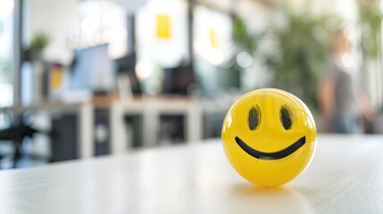 Cheerful yellow smiley face stress ball on office desk promoting workplace positivity and mental health - AI generated