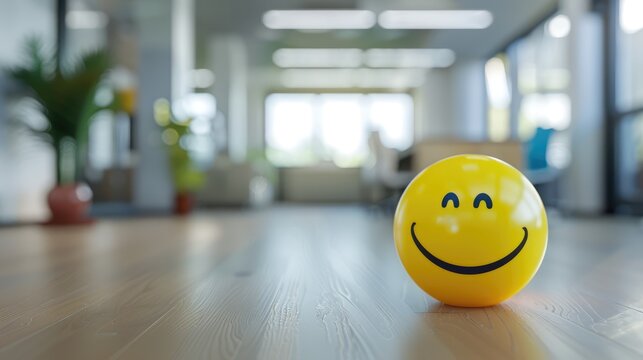 Cheerful yellow smiley face stress ball on office desk promoting workplace positivity and mental health - AI generated
