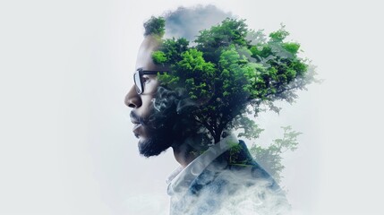 Double exposure man nature, sky, green forest. An enigmatic silhouette with a surreal landscape within, blending reality and imagination.