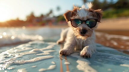 Cute puppy or dog on surfboard with wave reflecting in sunglasses - obrazy, fototapety, plakaty