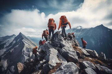 A group of mountaineers conquering a steep rock face in the mountains - obrazy, fototapety, plakaty