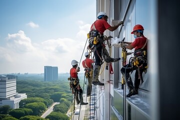 A group of industrial rope access workers painting the exterior of a high-rise office building - obrazy, fototapety, plakaty
