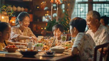 Happy asian family eating together healthy food at home - Grandparents and grandchildren eating dinner - Models by AI generative - obrazy, fototapety, plakaty