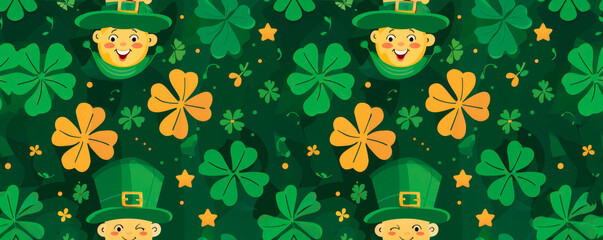 Several leprechaun hats and clovers scattered on a vibrant green background. St patrick's day holiday background. Gift wrapping. Seamless pattern