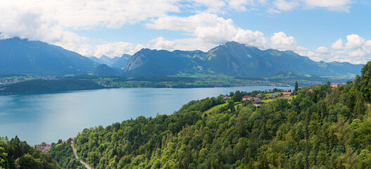 view to Sigriswil tourist resort and lake Thunersee, Bernese Alps landscape