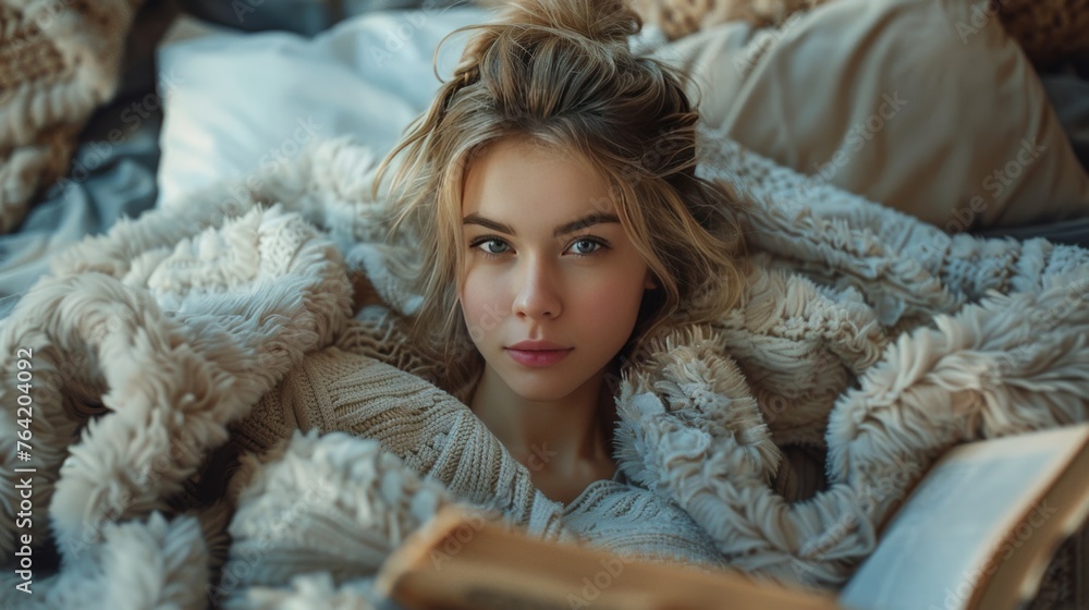 Canvas Prints woman reading book in bed